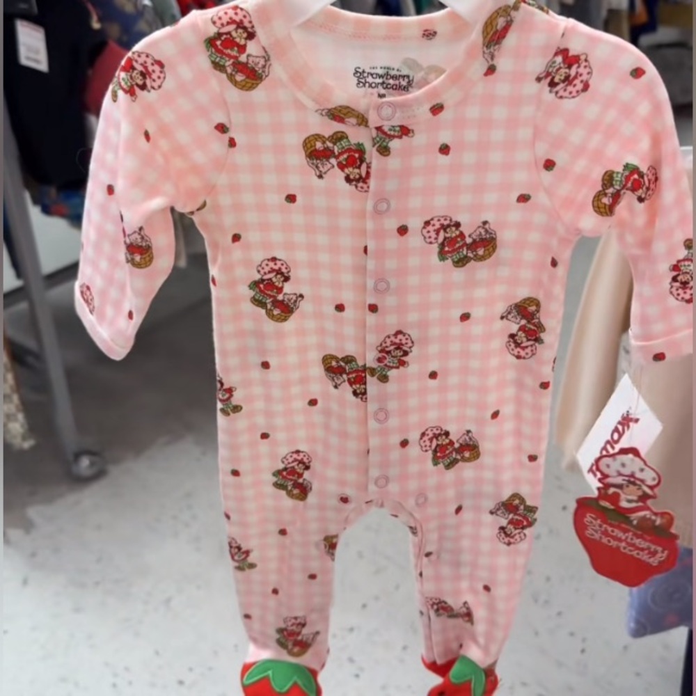 Strawberry Shortcake Pink Gingham Infant Footie with Strawberry Print